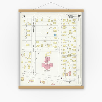 Old map wall art mockup — magnetic wood frame on white wall — Sanborn Fire Insurance Map from Owosso, Shiawassee County, Michigan (1924), Sheet #0009