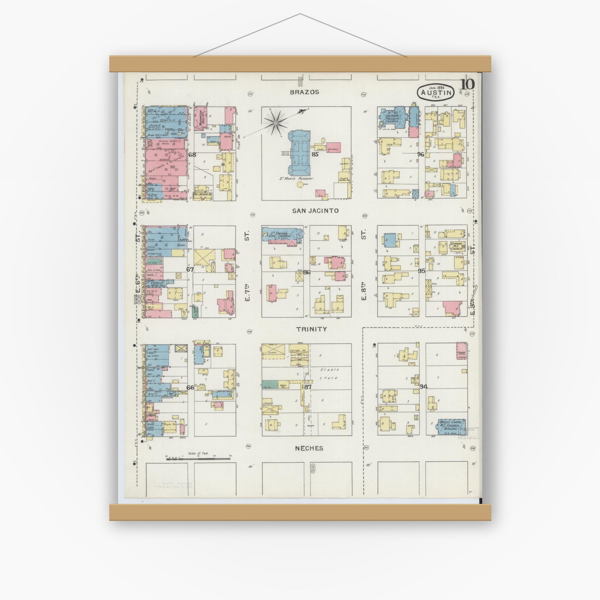 Old map wall art mockup — magnetic wood frame on white wall — Sanborn Fire Insurance Map from Austin, Travis County, Texas (1894), Sheet #0010