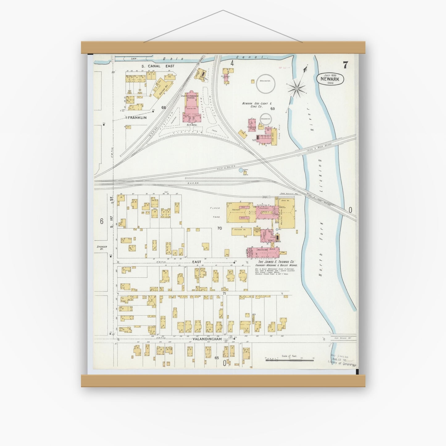 Old map wall art mockup — magnetic wood frame on white wall — Sanborn Fire Insurance Map from Newark, Licking County, Ohio (1899), Sheet #0007