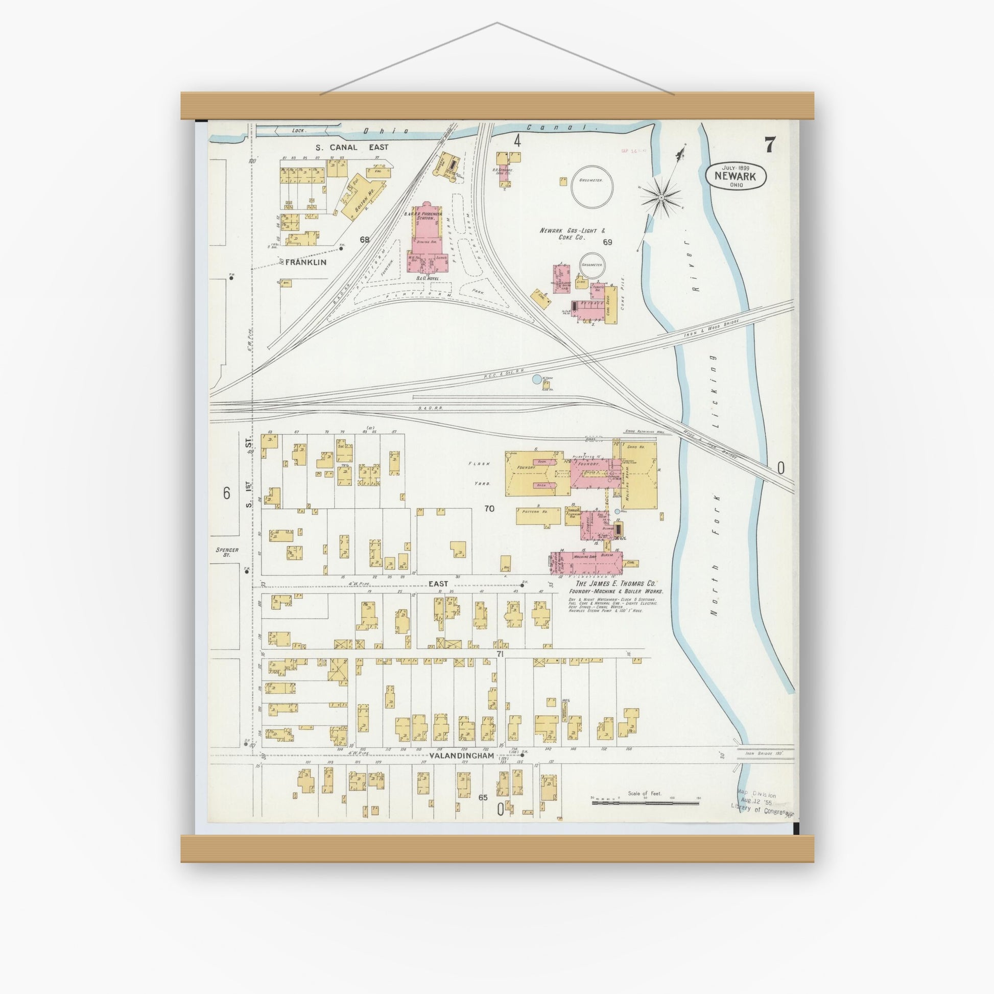 Old map wall art mockup — magnetic wood frame on white wall — Sanborn Fire Insurance Map from Newark, Licking County, Ohio (1899), Sheet #0007