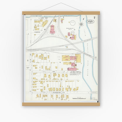 Old map wall art mockup — magnetic wood frame on white wall — Sanborn Fire Insurance Map from Newark, Licking County, Ohio (1899), Sheet #0007