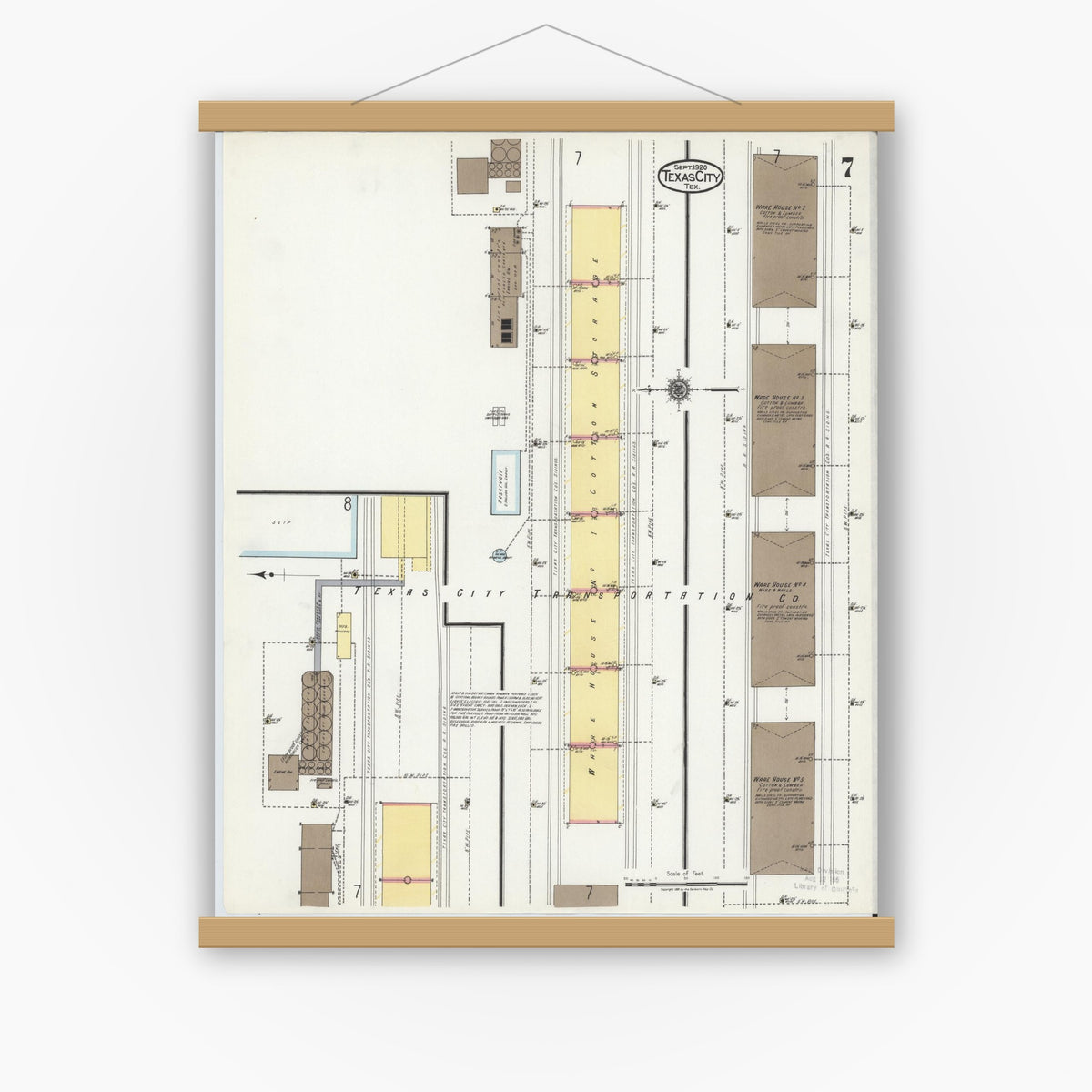 Old map wall art mockup — magnetic wood frame on white wall — Sanborn Fire Insurance Map from Texas City, Galveston County, Texas (1920), Sheet #0007