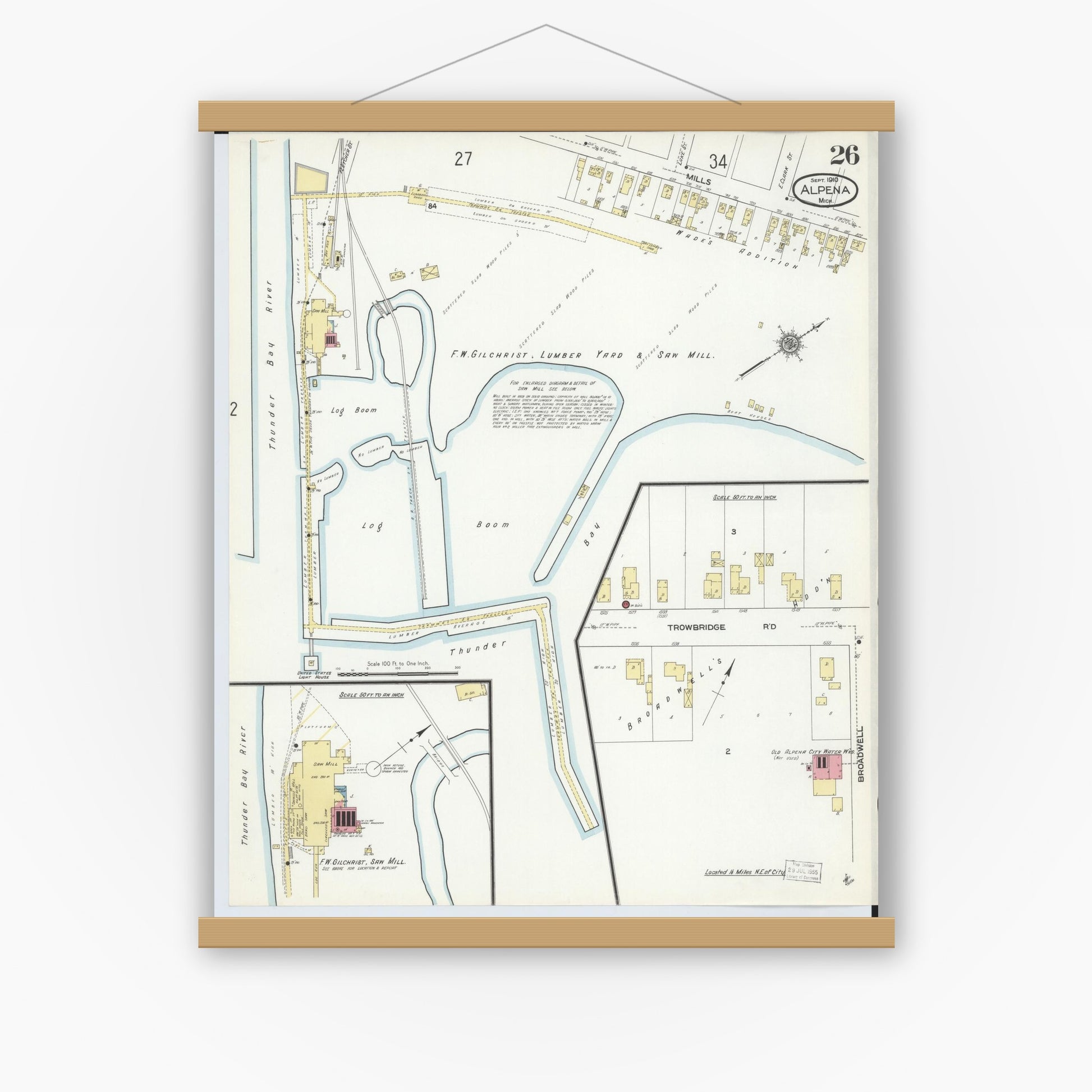Old map wall art mockup — magnetic wood frame on white wall — Sanborn Fire Insurance Map from Alpena, Alpena County, Michigan (1910), Sheet #0026