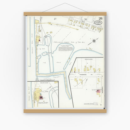 Old map wall art mockup — magnetic wood frame on white wall — Sanborn Fire Insurance Map from Alpena, Alpena County, Michigan (1910), Sheet #0026