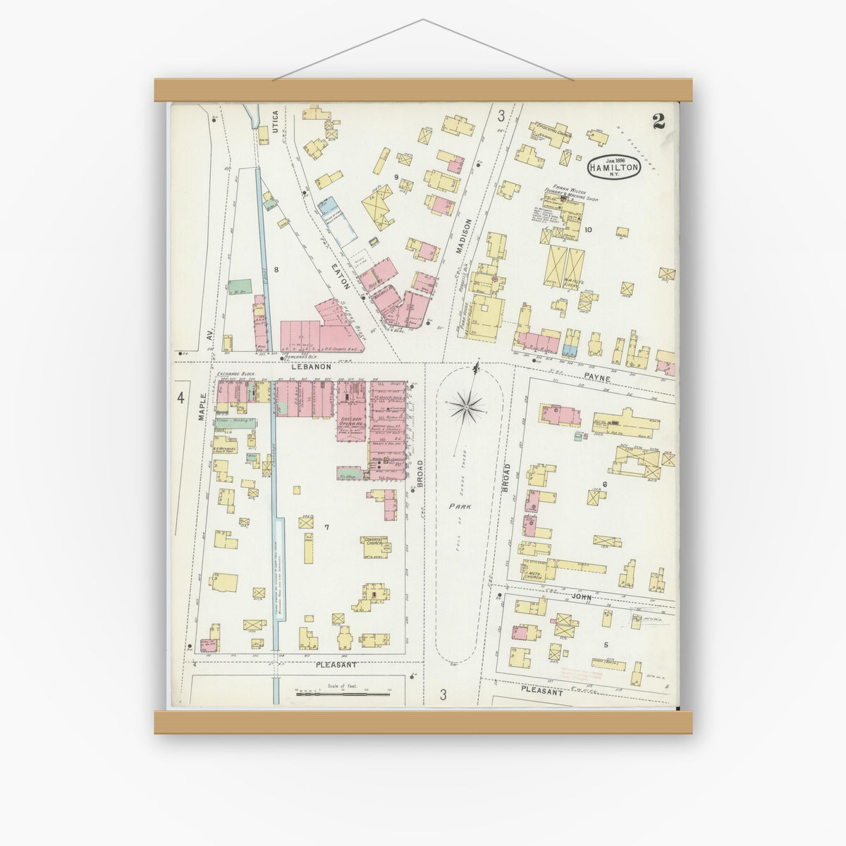 Old map wall art mockup — magnetic wood frame on white wall — Sanborn Fire Insurance Map from Hamilton, Madison County, New York (1896), Sheet #0002