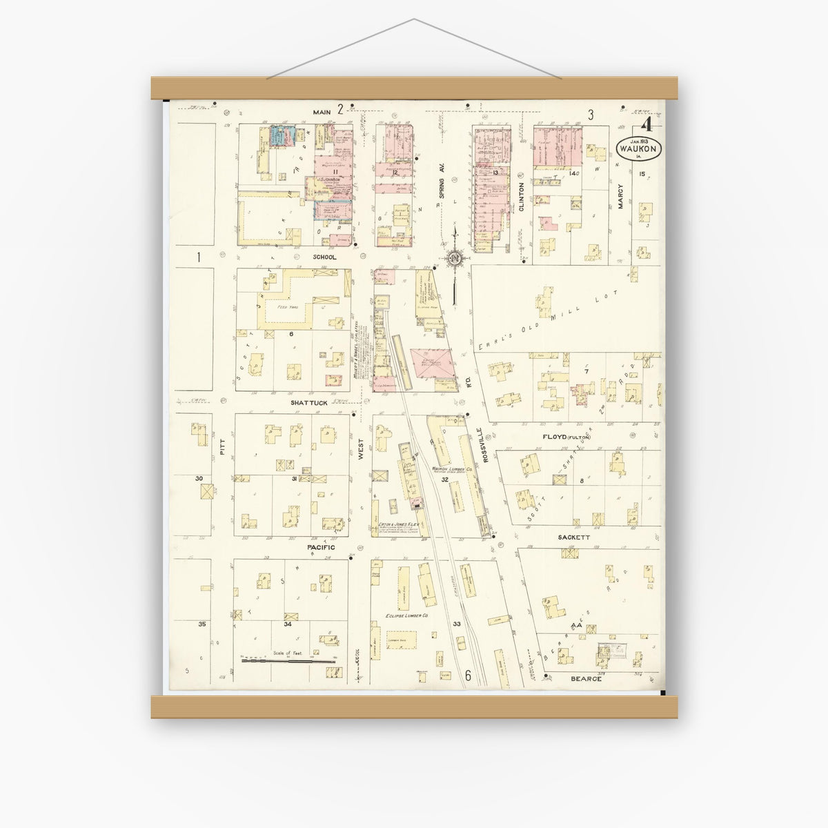 Old map wall art mockup — magnetic wood frame on white wall — Sanborn Fire Insurance Map from Waukon, Allamakee County, Iowa (1913), Sheet #0004