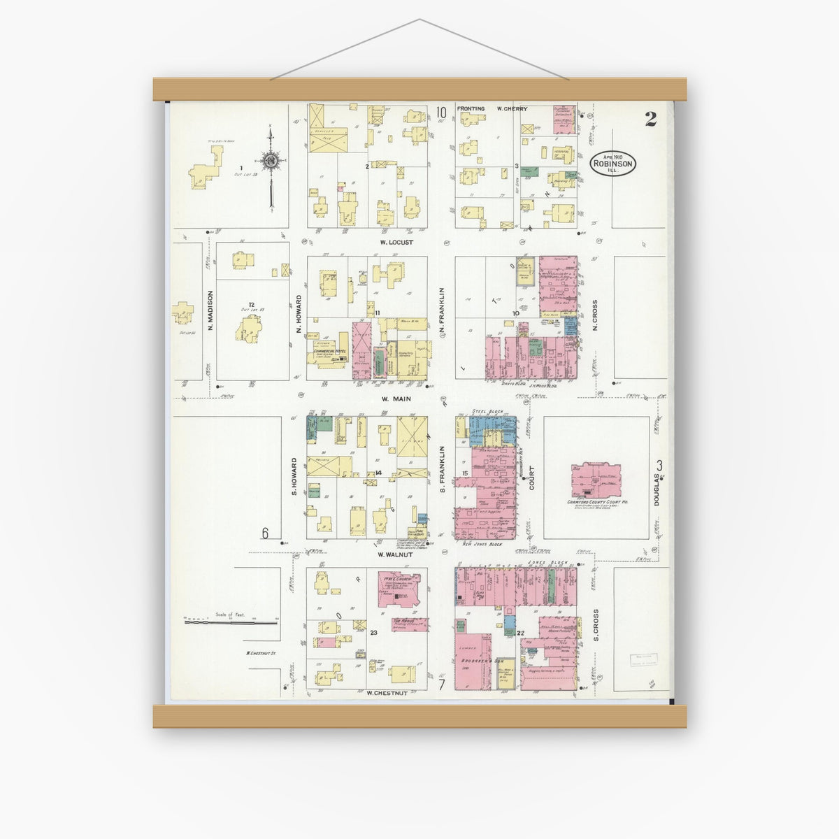 Old map wall art mockup — magnetic wood frame on white wall — Sanborn Fire Insurance Map from Robinson, Crawford County, Illinois (1910), Sheet #0002