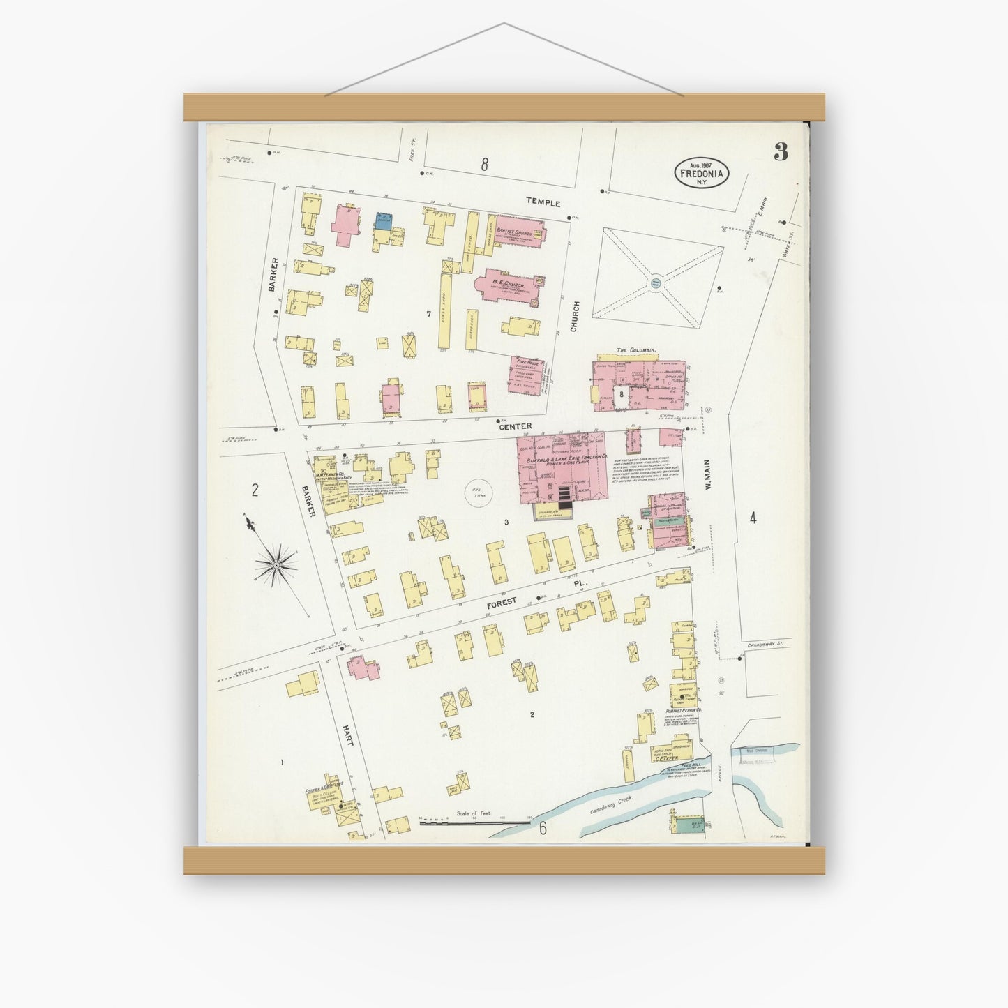 Old map wall art mockup — magnetic wood frame on white wall — Sanborn Fire Insurance Map from Fredonia, Chautauqua County, New York (1907), Sheet #0003