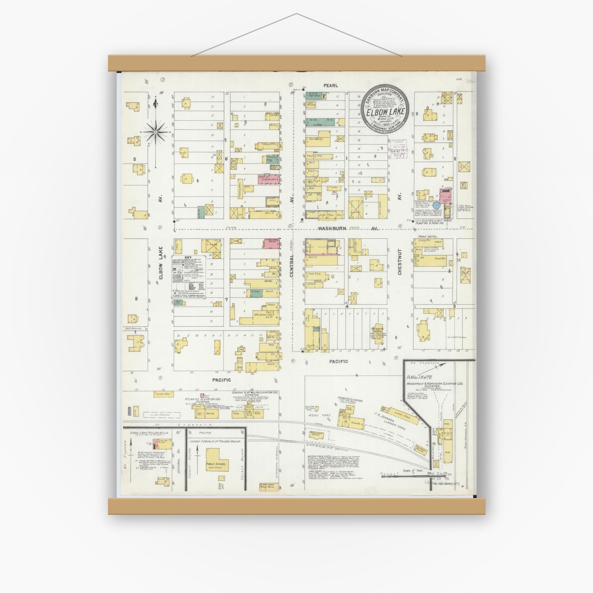 Old map wall art mockup — magnetic wood frame on white wall — Sanborn Fire Insurance Map from Elbow Lake, Grant County, Minnesota (1903), Sheet #0001