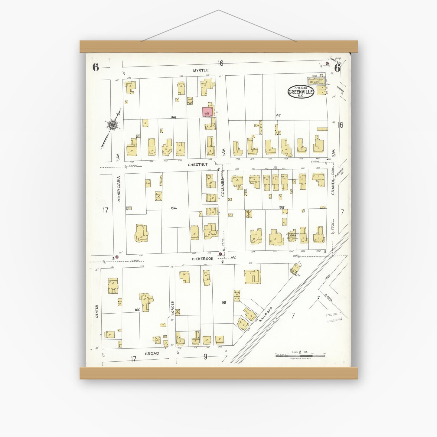 Old map wall art mockup — magnetic wood frame on white wall — Sanborn Fire Insurance Map from Greenville, Pitt County, North Carolina (1923), Sheet #0006