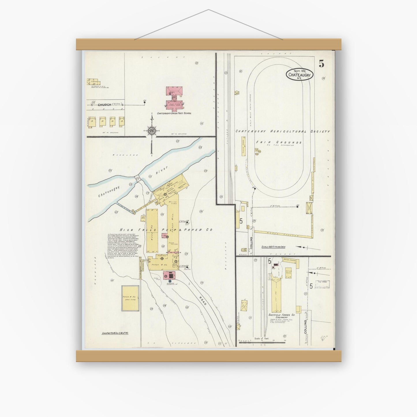 Old map wall art mockup — magnetic wood frame on white wall — Sanborn Fire Insurance Map from Chateaugay, Franklin County, New York (1912), Sheet #0005