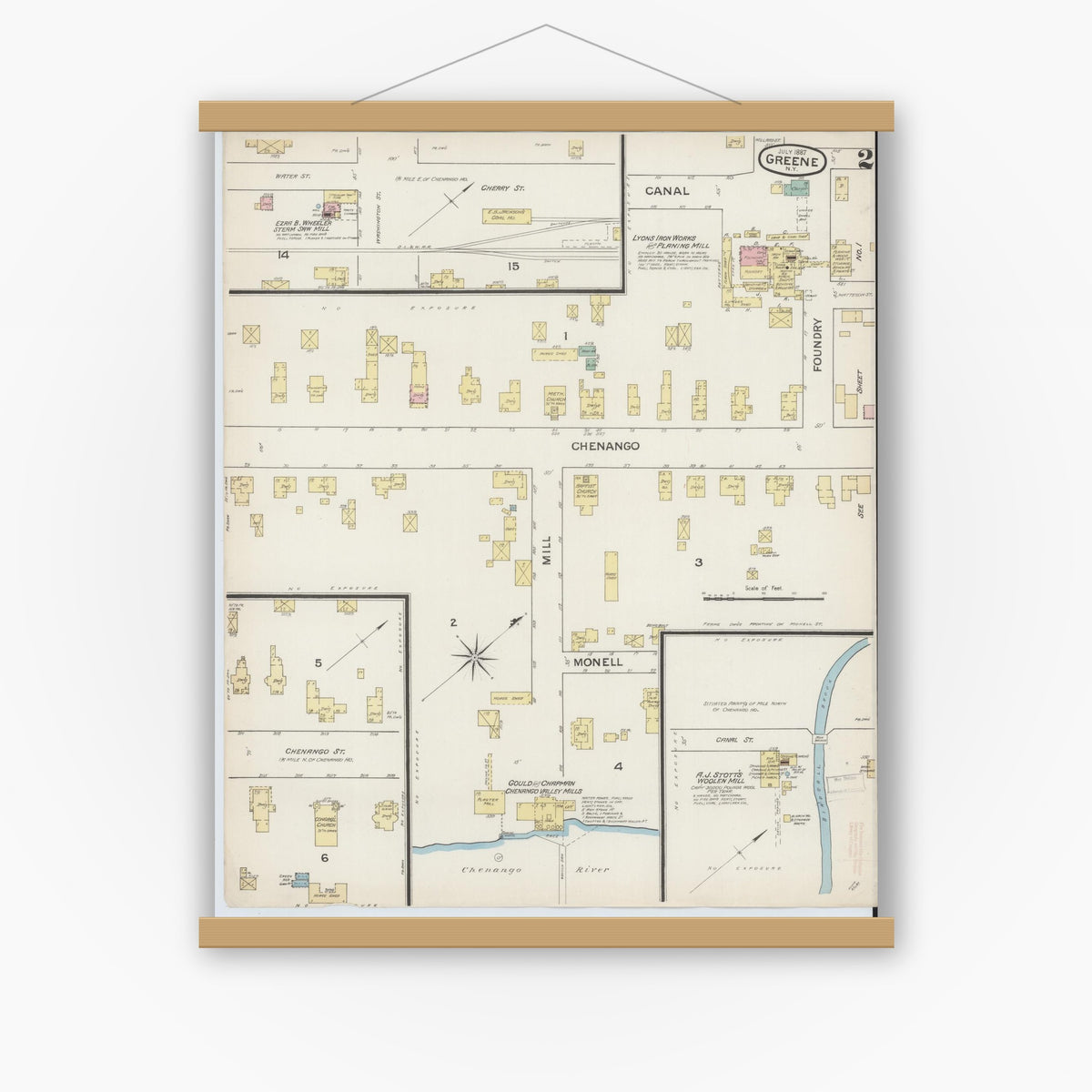 Old map wall art mockup — magnetic wood frame on white wall — Sanborn Fire Insurance Map from Greene, Chenango County, New York (1887), Sheet #0002