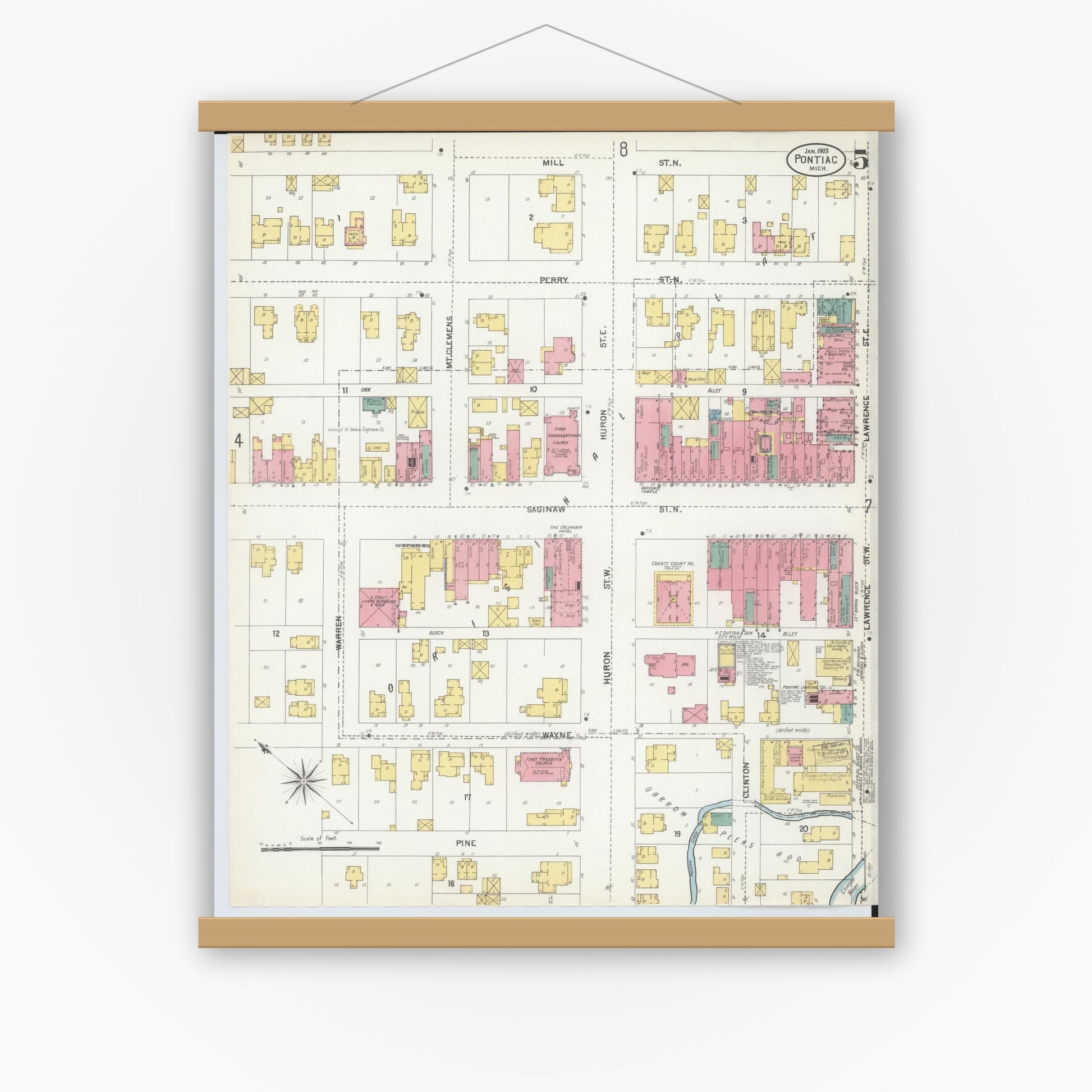 Old map wall art mockup — magnetic wood frame on white wall — Sanborn Fire Insurance Map from Pontiac, Oakland County, Michigan (1903), Sheet #0005