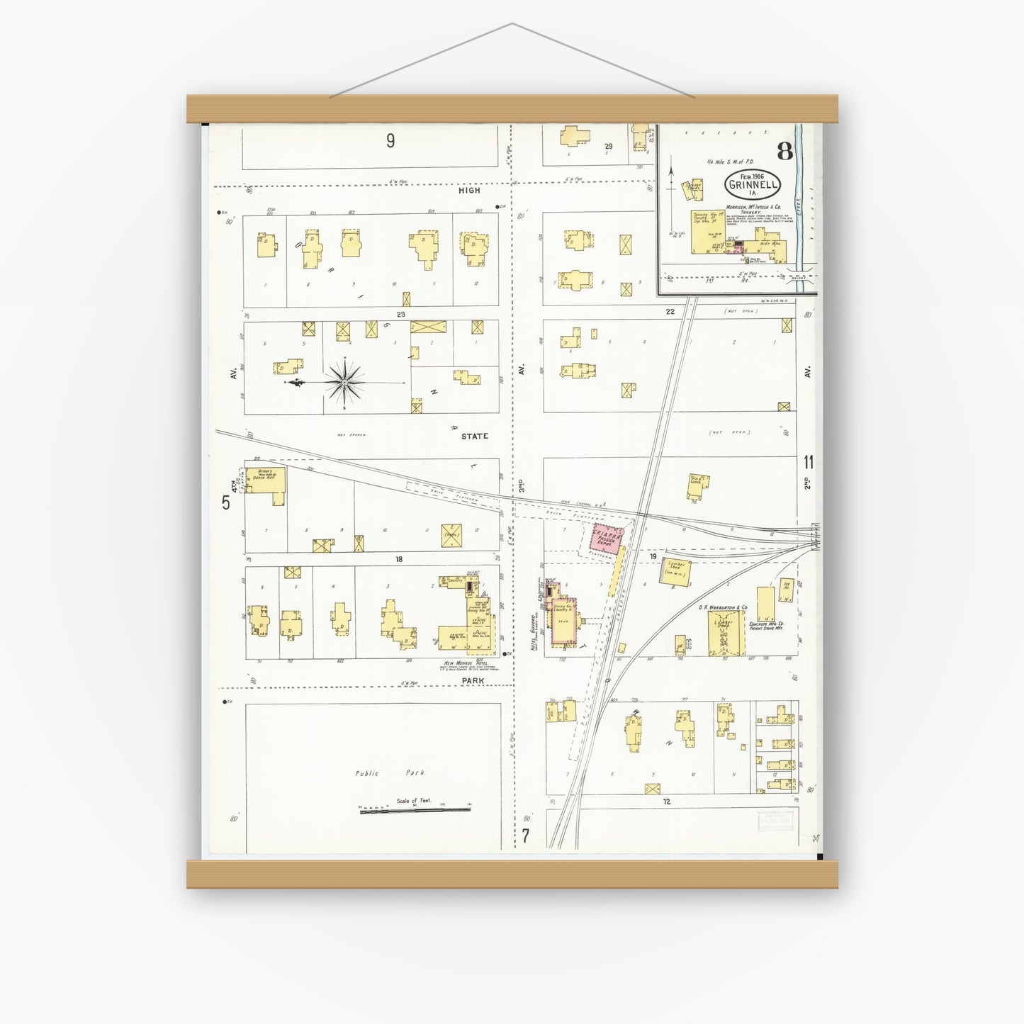 Old map wall art mockup — magnetic wood frame on white wall — Sanborn Fire Insurance Map from Grinnell, Poweshiek County, Iowa (1906), Sheet #0008