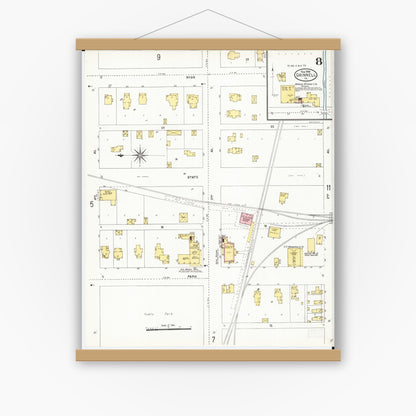 Old map wall art mockup — magnetic wood frame on white wall — Sanborn Fire Insurance Map from Grinnell, Poweshiek County, Iowa (1906), Sheet #0008