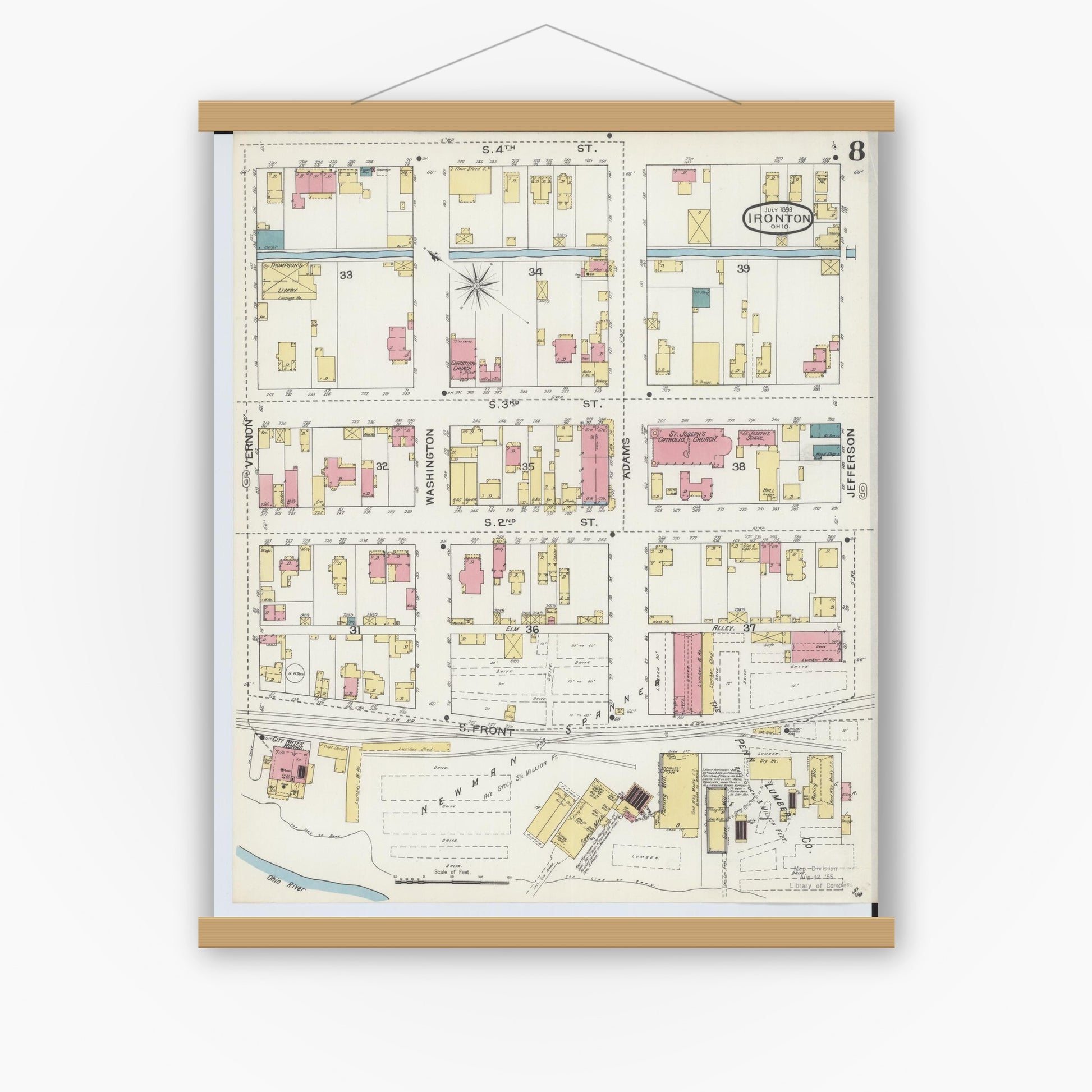 Old map wall art mockup — magnetic wood frame on white wall — Sanborn Fire Insurance Map from Ironton, Lawrence County, Ohio (1893), Sheet #0008