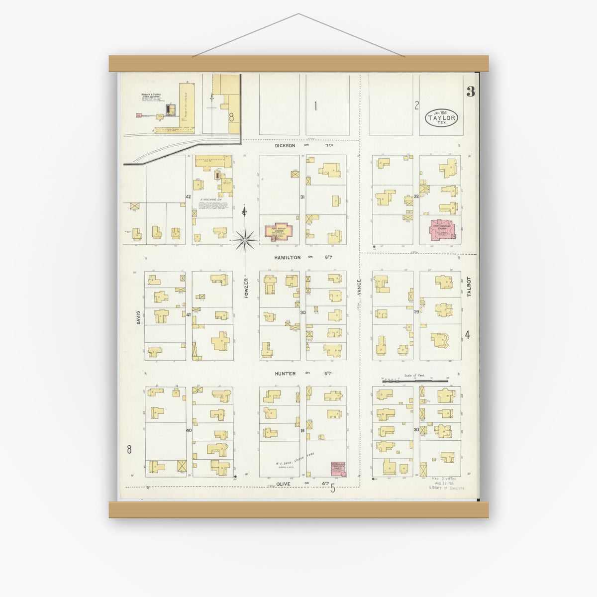 Old map wall art mockup — magnetic wood frame on white wall — Sanborn Fire Insurance Map from Taylor, Williamson County, Texas (1904), Sheet #0003