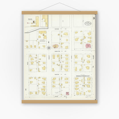 Old map wall art mockup — magnetic wood frame on white wall — Sanborn Fire Insurance Map from Taylor, Williamson County, Texas (1904), Sheet #0003