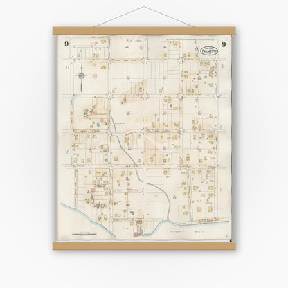 Old map wall art mockup — magnetic wood frame on white wall — Sanborn Fire Insurance Map from Palmetto, Manatee County, Florida (1944), Sheet #0009