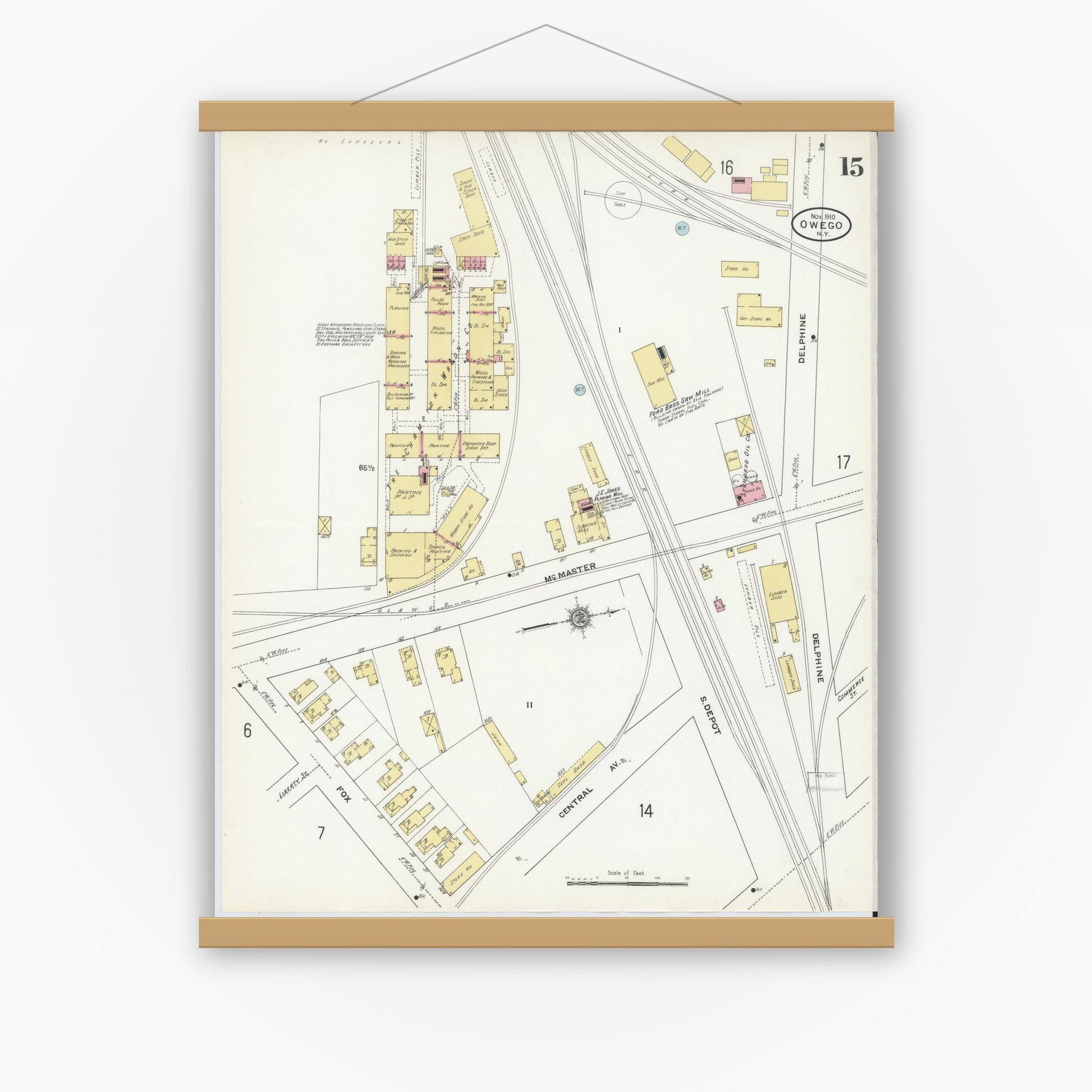 Old map wall art mockup — magnetic wood frame on white wall — Sanborn Fire Insurance Map from Owego, Tioga County, New York (1910), Sheet #0015