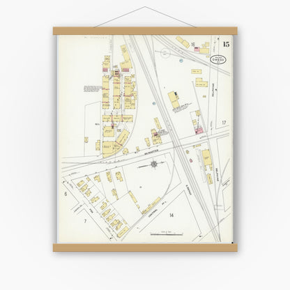 Old map wall art mockup — magnetic wood frame on white wall — Sanborn Fire Insurance Map from Owego, Tioga County, New York (1910), Sheet #0015