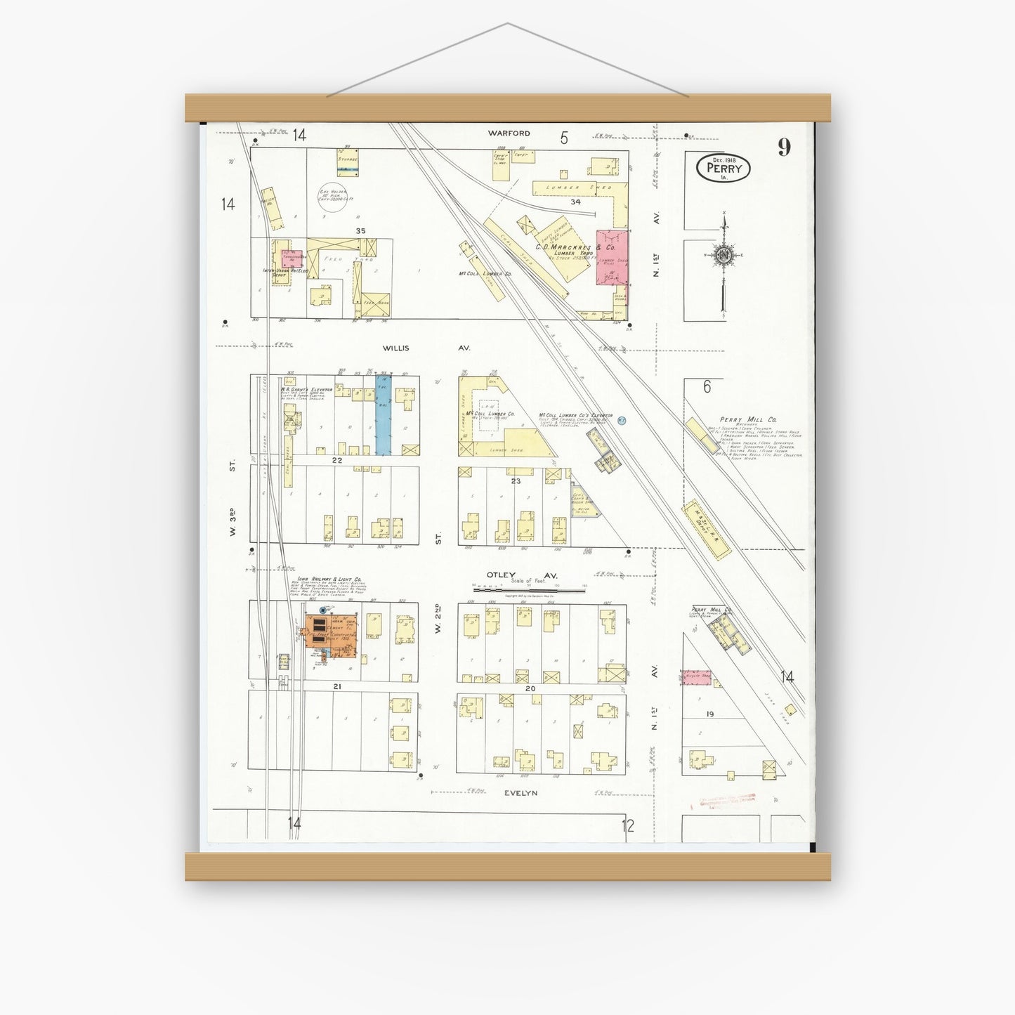 Old map wall art mockup — magnetic wood frame on white wall — Sanborn Fire Insurance Map from Perry, Dallas County, Iowa (1918), Sheet #0009