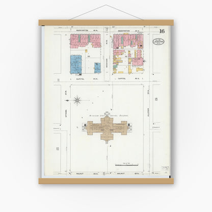 Old map wall art mockup — magnetic wood frame on white wall — Sanborn Fire Insurance Map from Lansing, Ingham County, Michigan (1906), Sheet #0016