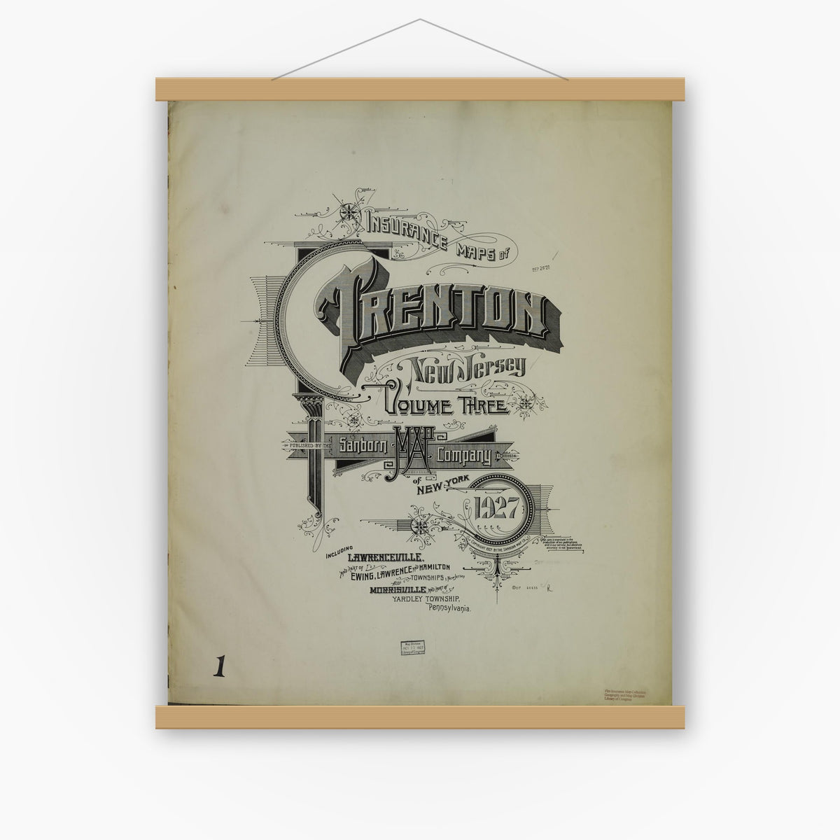 Old map wall art mockup — magnetic wood frame on white wall — Sanborn Fire Insurance Map from Trenton, Mercer County, New Jersey (1927), Sheet #0001