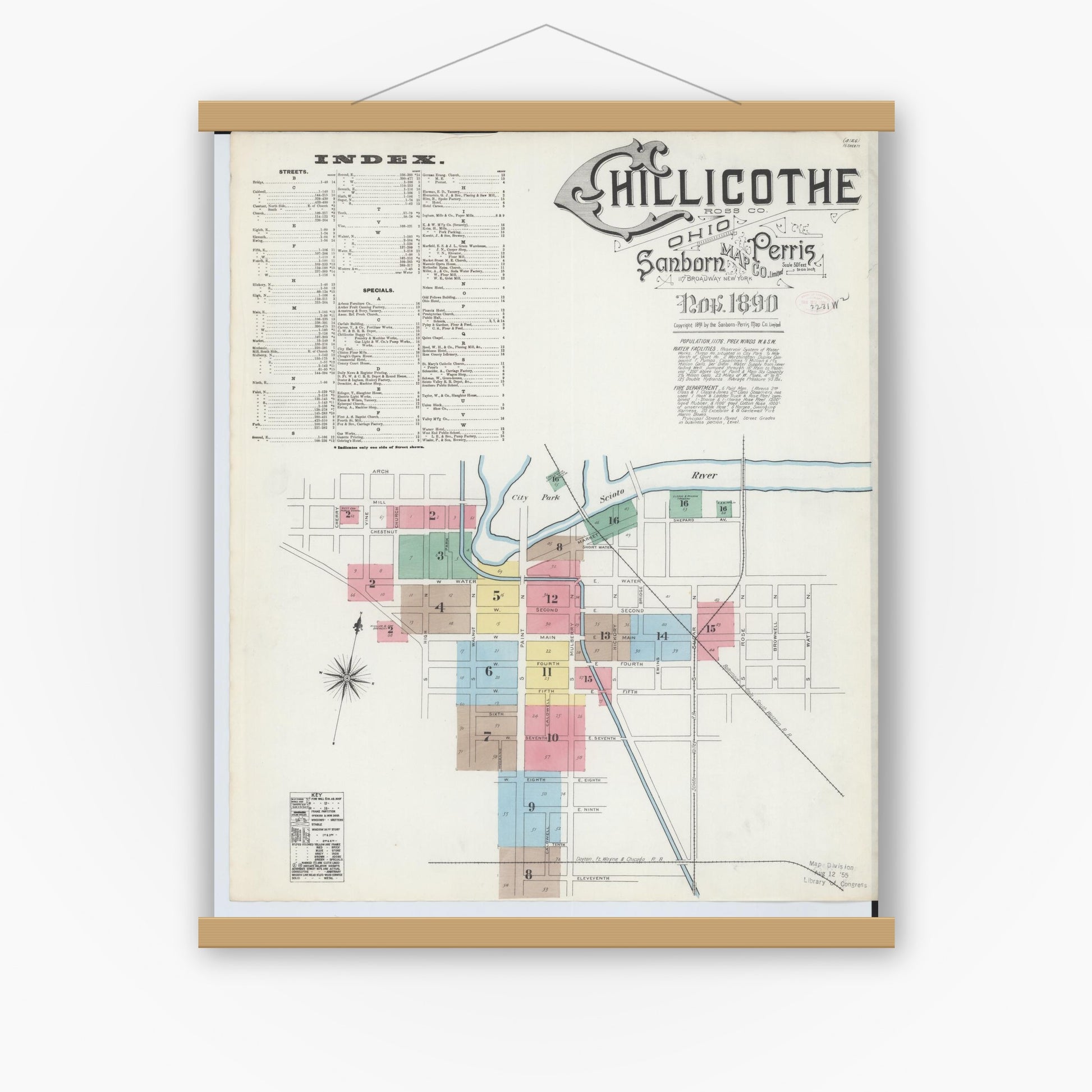 Old map wall art mockup — magnetic wood frame on white wall — Sanborn Fire Insurance Map from Chillicothe, Ross County, Ohio (1890) - Complete Map Set