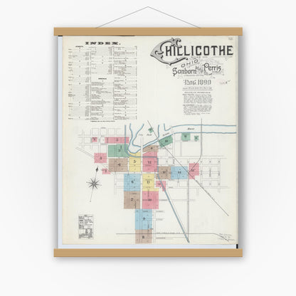 Old map wall art mockup — magnetic wood frame on white wall — Sanborn Fire Insurance Map from Chillicothe, Ross County, Ohio (1890) - Complete Map Set
