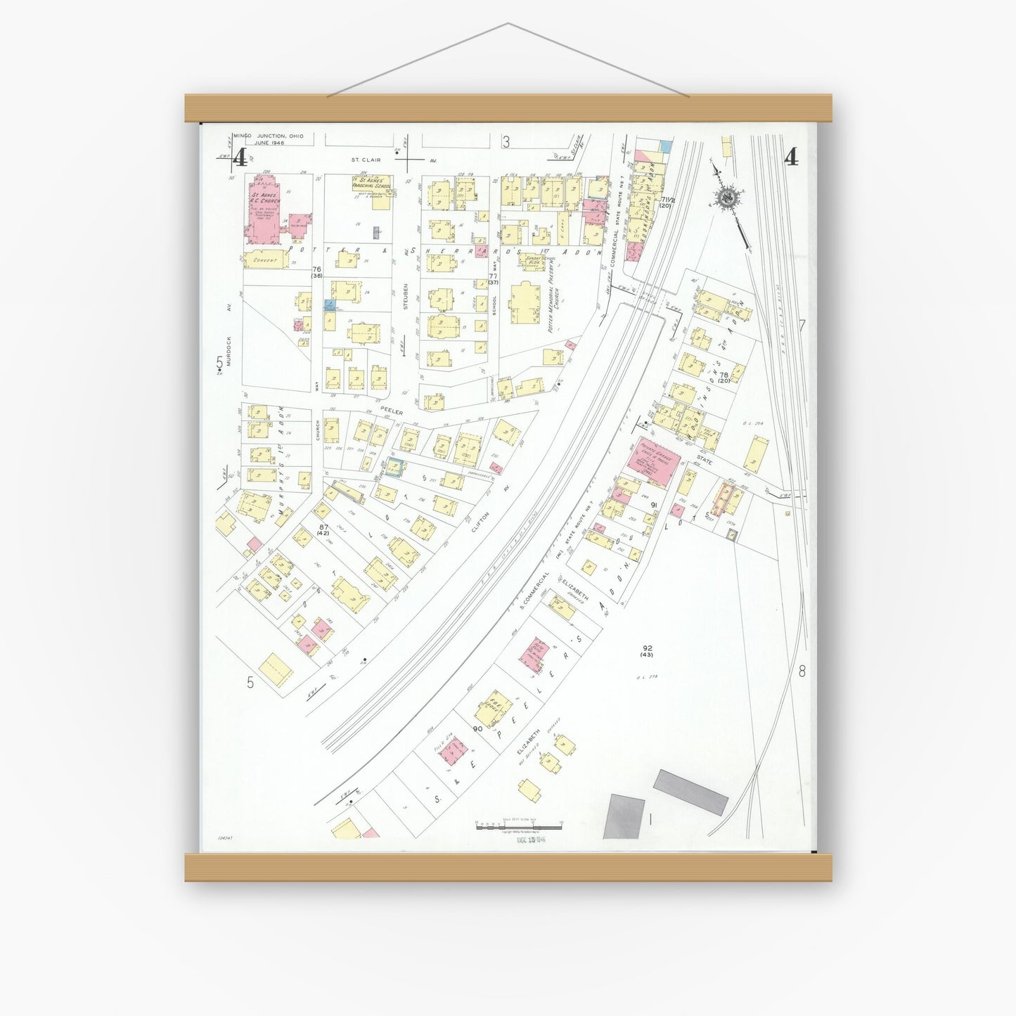 Old map wall art mockup — magnetic wood frame on white wall — Sanborn Fire Insurance Map from Mingo Junction, Jefferson County, Ohio (1946), Sheet #0004