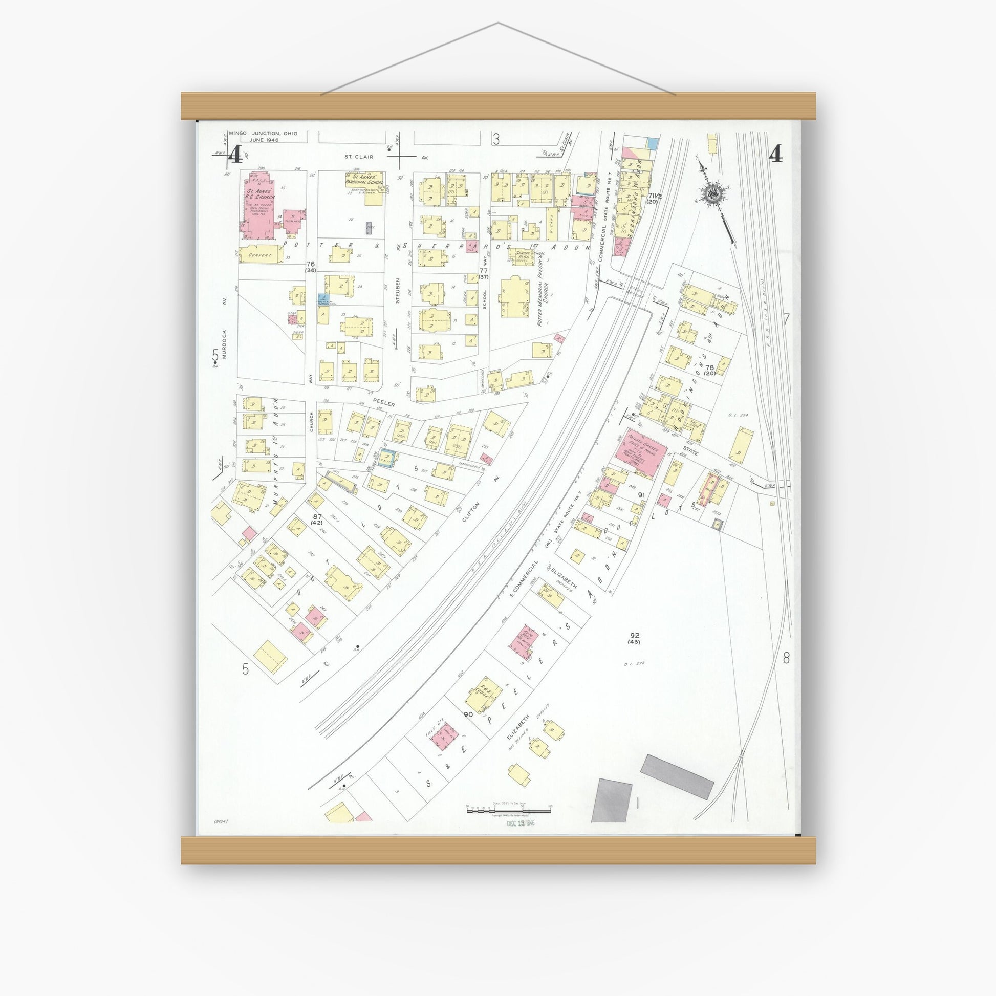 Old map wall art mockup — magnetic wood frame on white wall — Sanborn Fire Insurance Map from Mingo Junction, Jefferson County, Ohio (1946), Sheet #0004