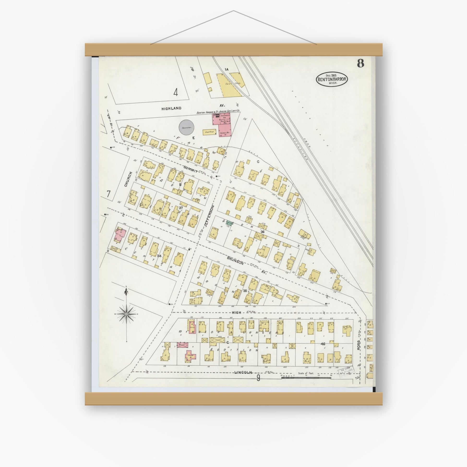 Old map wall art mockup — magnetic wood frame on white wall — Sanborn Fire Insurance Map from Benton Harbor, Berrien County, Michigan (1905), Sheet #0008