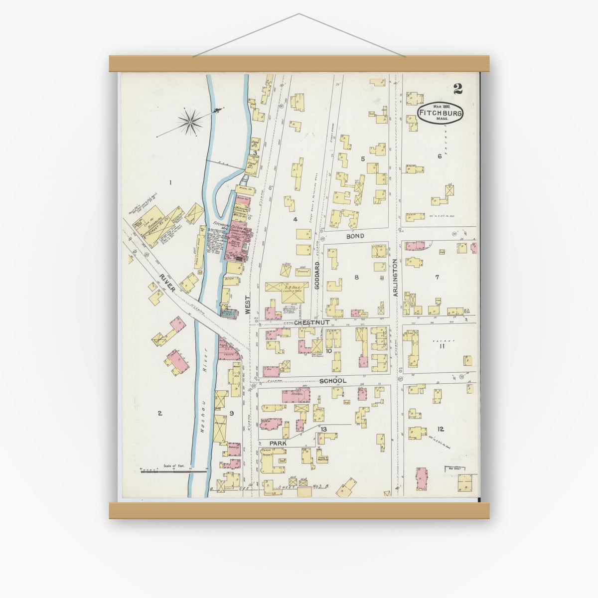 Old map wall art mockup — magnetic wood frame on white wall — Sanborn Fire Insurance Map from Fitchburg, Worcester County, Massachusetts (1892), Sheet #0002