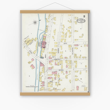 Old map wall art mockup — magnetic wood frame on white wall — Sanborn Fire Insurance Map from Fitchburg, Worcester County, Massachusetts (1892), Sheet #0002