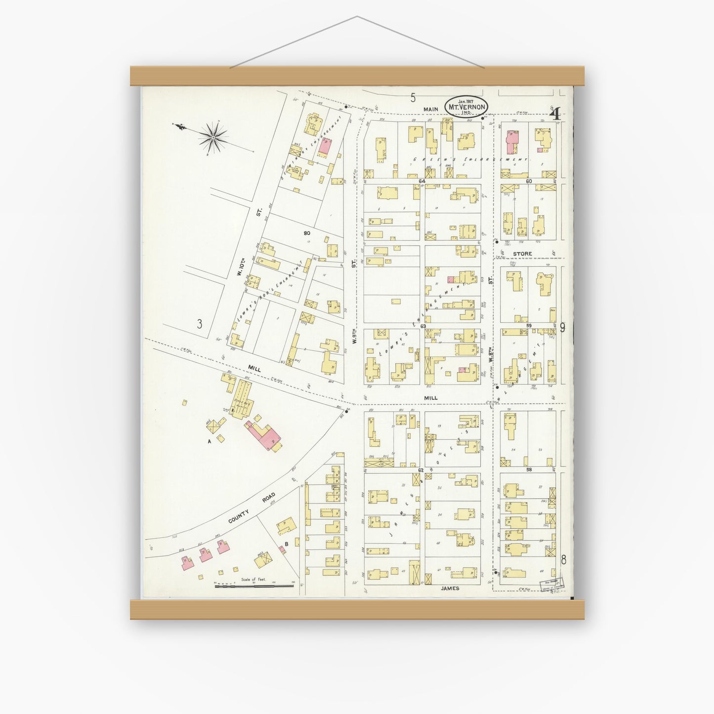 Old map wall art mockup — magnetic wood frame on white wall — Sanborn Fire Insurance Map from Mount Vernon, Posey County, Indiana (1907), Sheet #0004