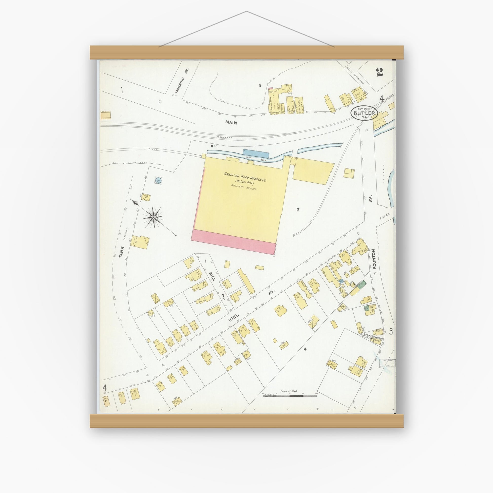 Old map wall art mockup — magnetic wood frame on white wall — Sanborn Fire Insurance Map from Butler, Morris County, New Jersey (1901), Sheet #0002
