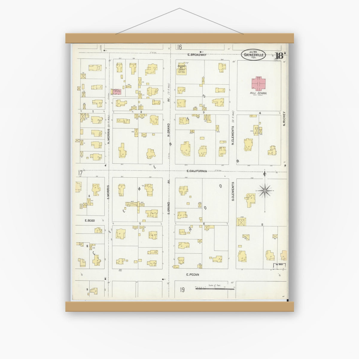 Old map wall art mockup — magnetic wood frame on white wall — Sanborn Fire Insurance Map from Gainesville, Cooke County, Texas (1902), Sheet #0018