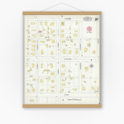 Old map wall art mockup — magnetic wood frame on white wall — Sanborn Fire Insurance Map from Gainesville, Cooke County, Texas (1902), Sheet #0018