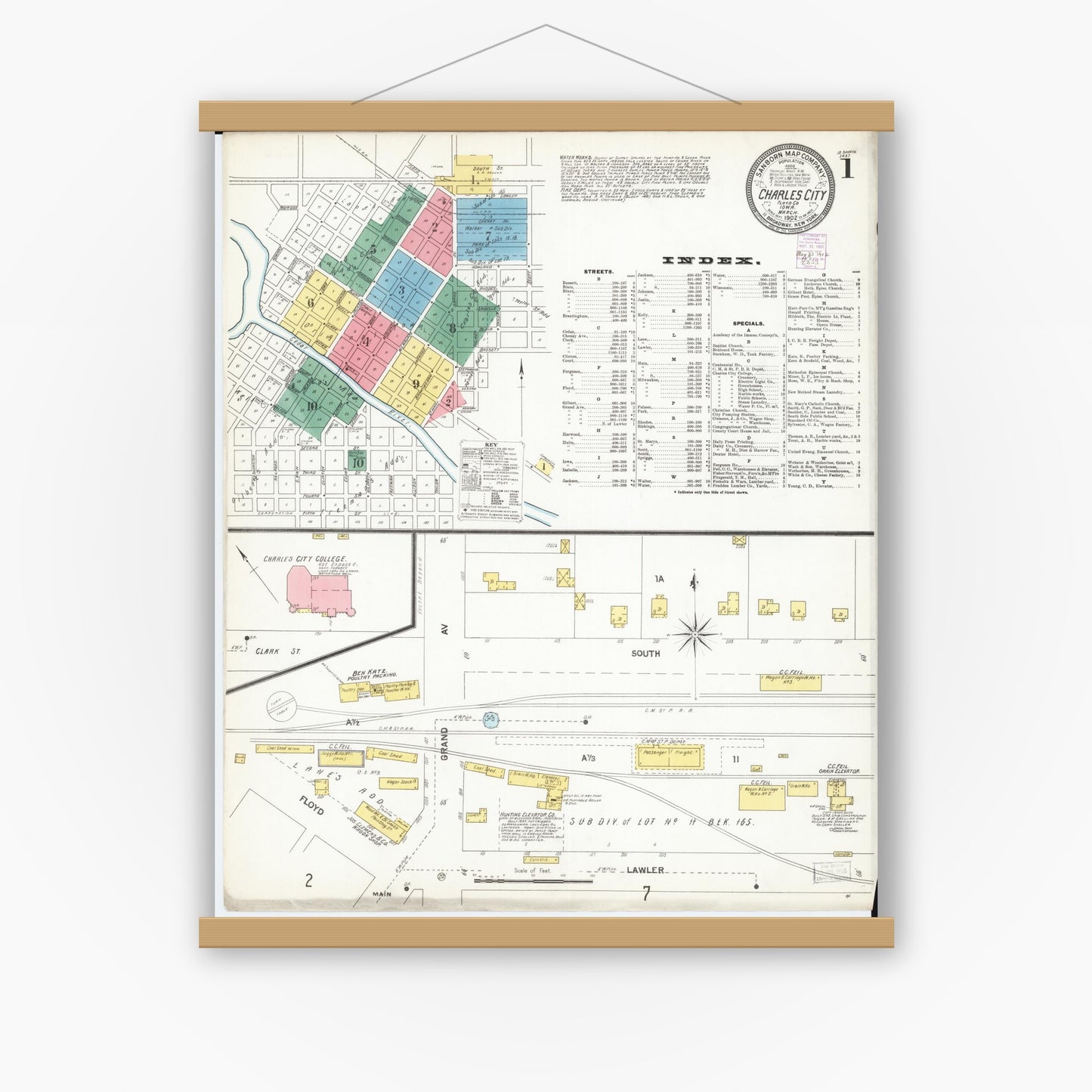 Old map wall art mockup — magnetic wood frame on white wall — Sanborn Fire Insurance Map from Charles City, Floyd County, Iowa (1902), Sheet #0001