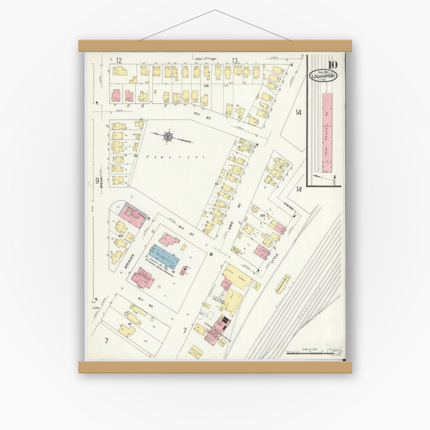 Old map wall art mockup — magnetic wood frame on white wall — Sanborn Fire Insurance Map from Logansport, Cass County, Indiana (1911), Sheet #0010