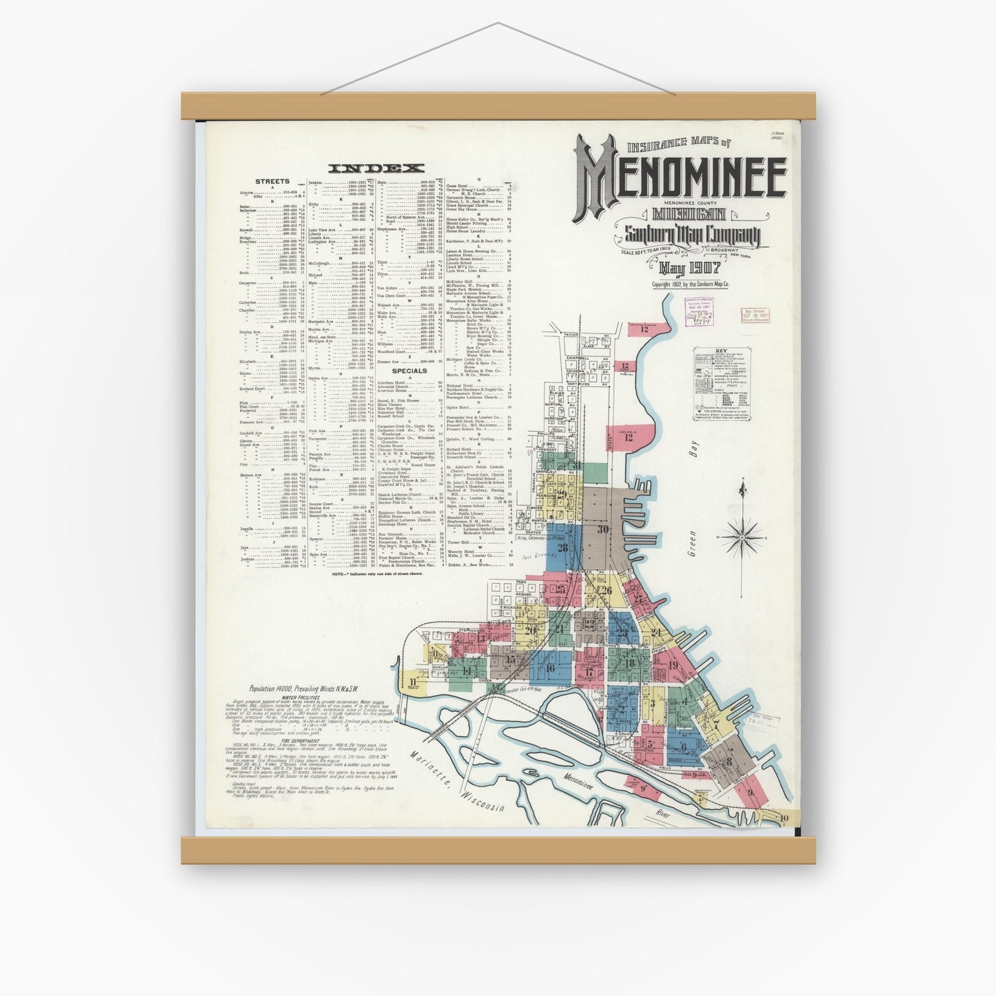 Old map wall art mockup — magnetic wood frame on white wall — Sanborn Fire Insurance Map from Menominee, Menominee County, Michigan (1907), Sheet #0001