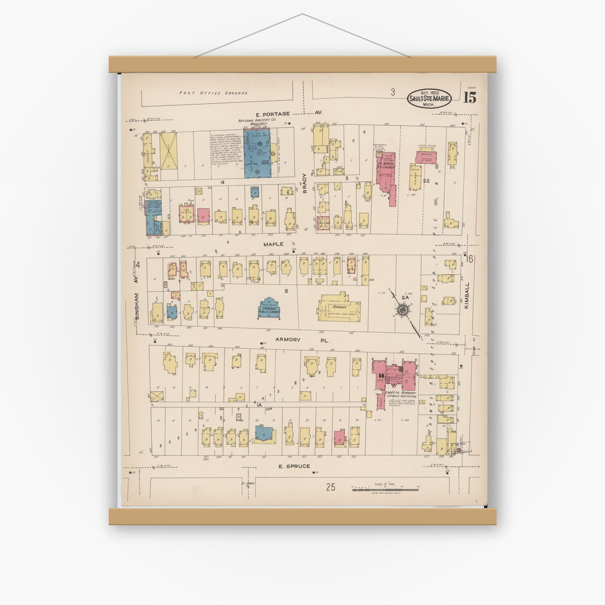 Old map wall art mockup — magnetic wood frame on white wall — Sanborn Fire Insurance Map from Sault Sainte Marie, Chippewa County, Michigan (1922), Sheet #0015