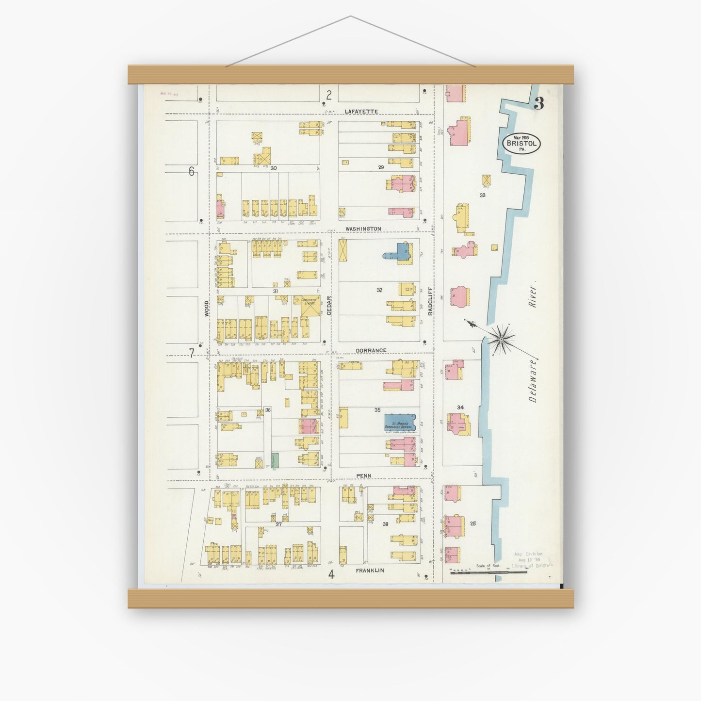 Old map wall art mockup — magnetic wood frame on white wall — Sanborn Fire Insurance Map from Bristol, Bucks County, Pennsylvania (1903), Sheet #0003
