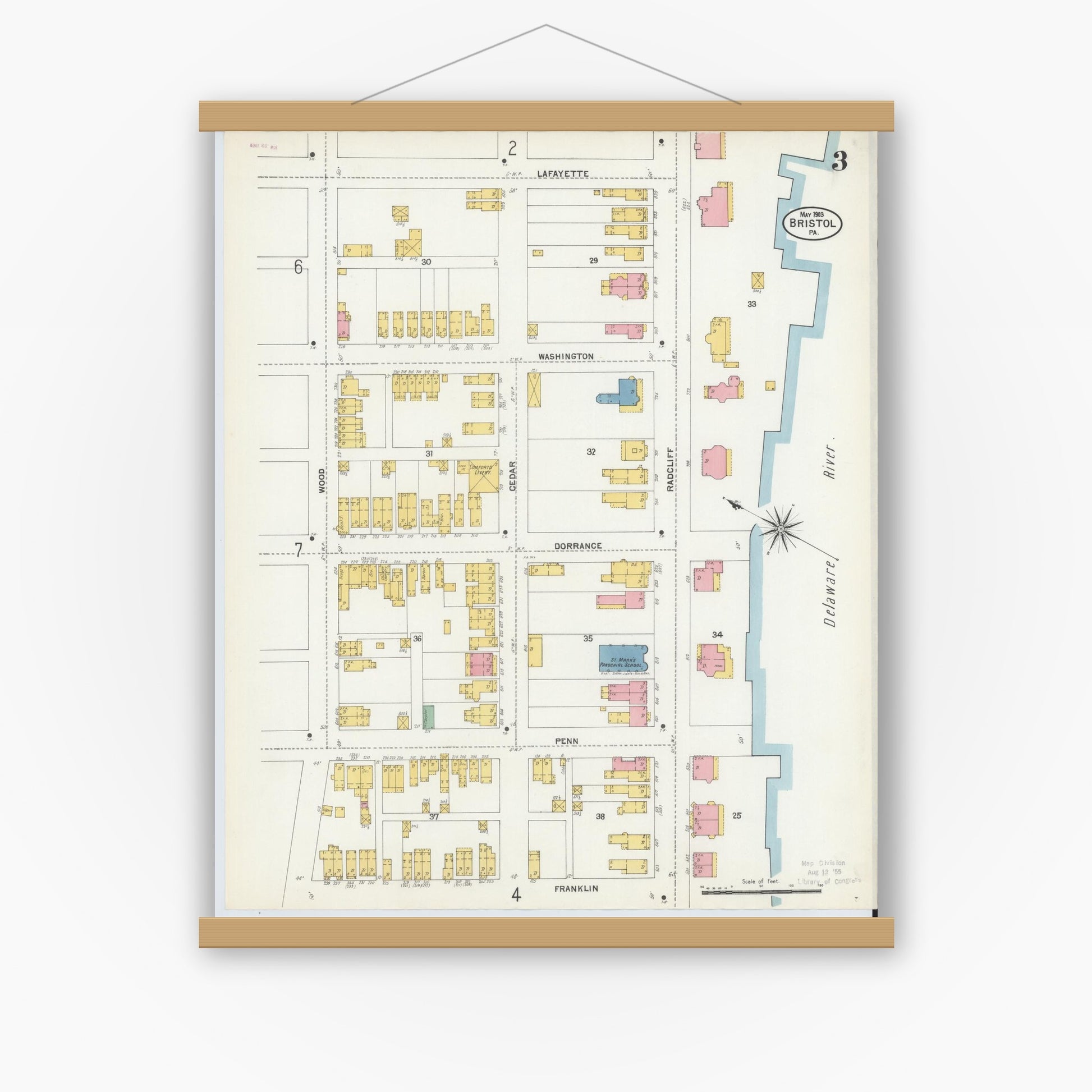 Old map wall art mockup — magnetic wood frame on white wall — Sanborn Fire Insurance Map from Bristol, Bucks County, Pennsylvania (1903), Sheet #0003