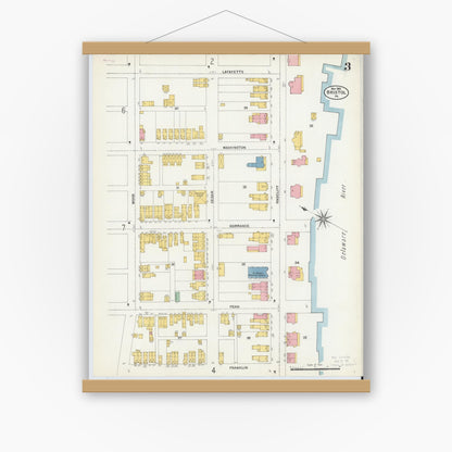 Old map wall art mockup — magnetic wood frame on white wall — Sanborn Fire Insurance Map from Bristol, Bucks County, Pennsylvania (1903), Sheet #0003