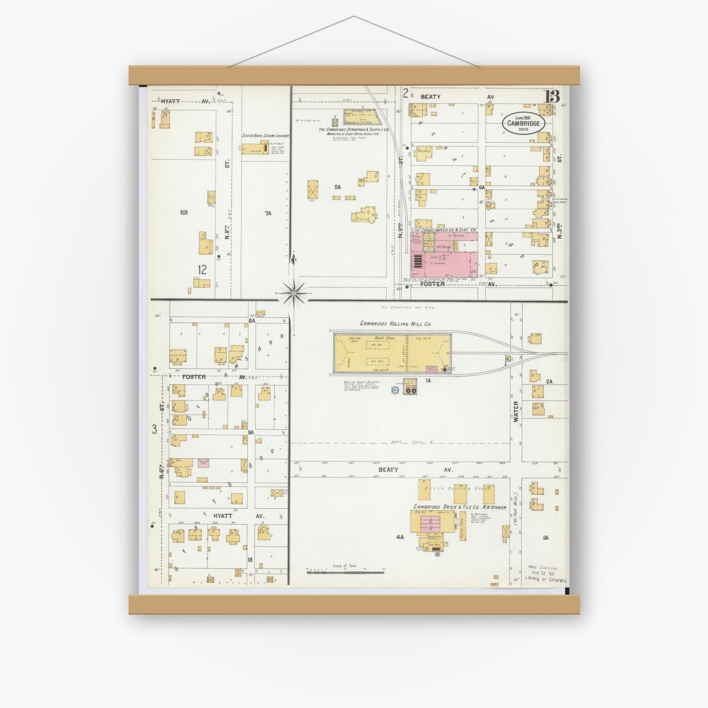 Old map wall art mockup — magnetic wood frame on white wall — Sanborn Fire Insurance Map from Cambridge, Guernsey County, Ohio (1901), Sheet #0013