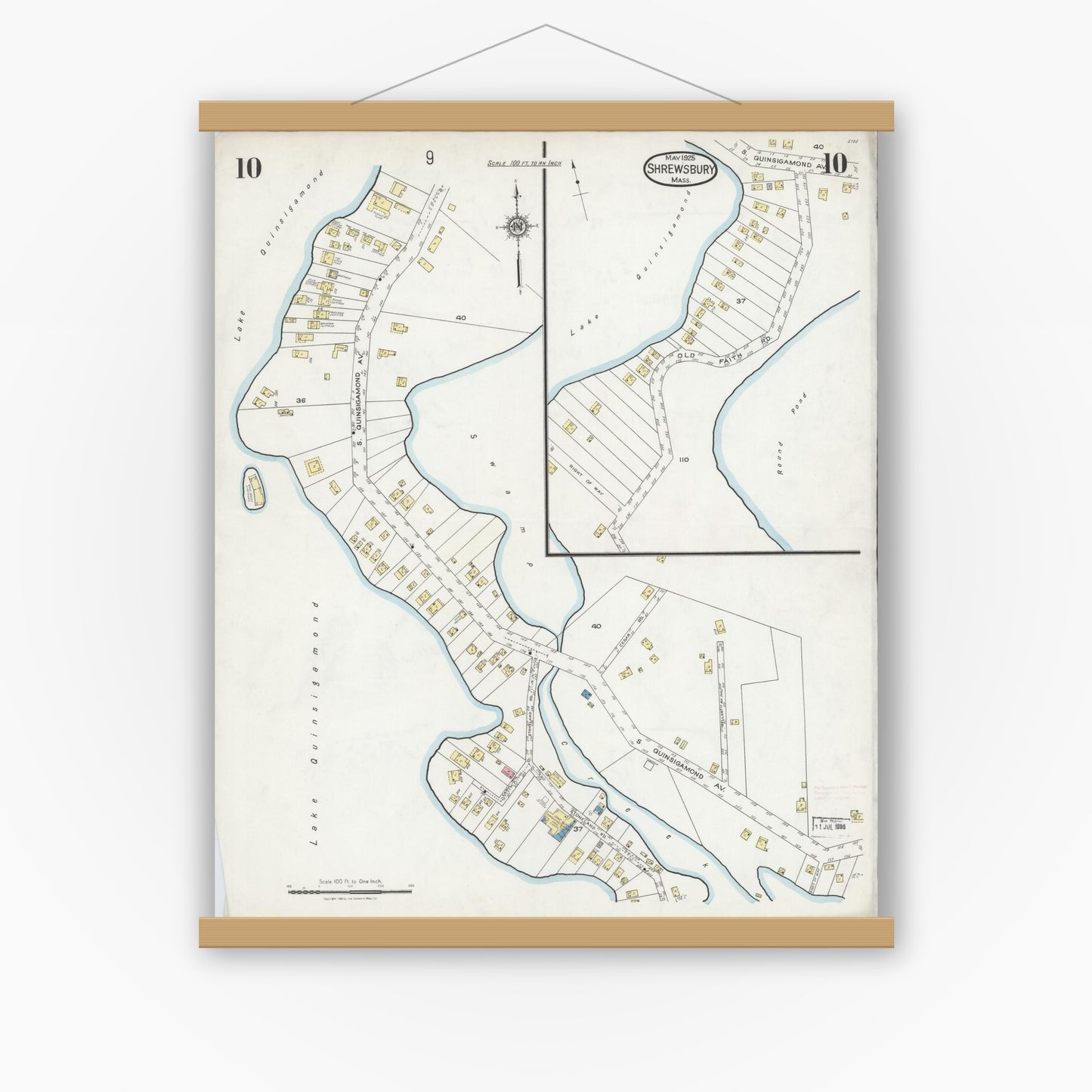 Old map wall art mockup — magnetic wood frame on white wall — Sanborn Fire Insurance Map from Shrewsbury, Worcester County, Massachusetts (1925), Sheet #0010