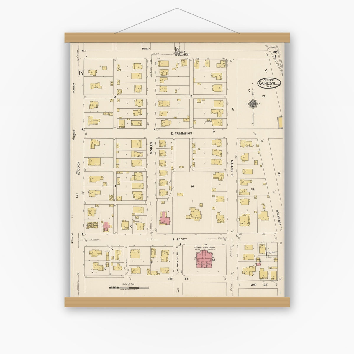 Old map wall art mockup — magnetic wood frame on white wall — Sanborn Fire Insurance Map from Gainesville, Cooke County, Texas (1922), Sheet #0007