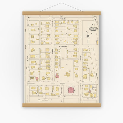 Old map wall art mockup — magnetic wood frame on white wall — Sanborn Fire Insurance Map from Gainesville, Cooke County, Texas (1922), Sheet #0007